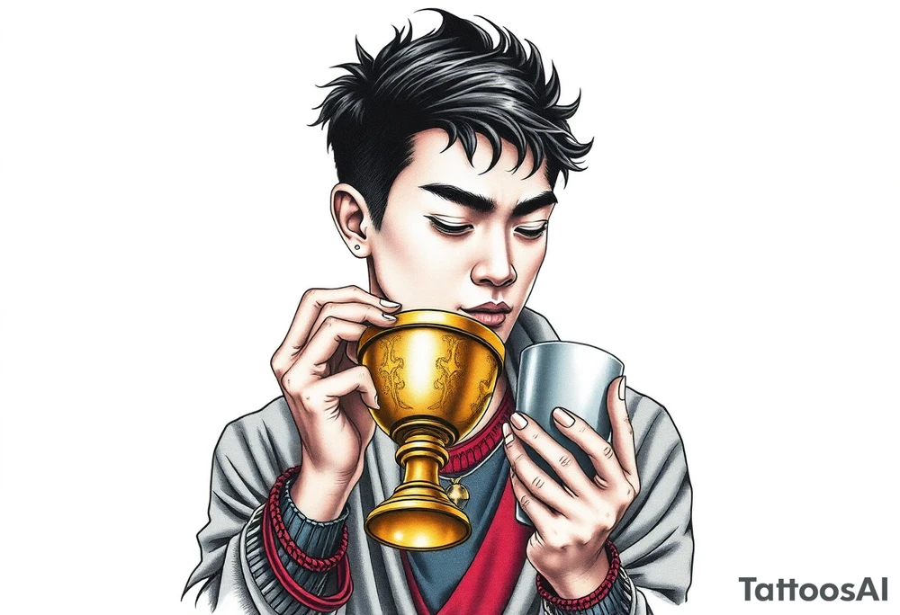 Handsome Asian young guy is drinking from medieval golden cup tattoo idea