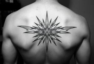 A highly artistic tattoo design with a central focus on a radiant star, symbolizing guidance and empowerment. black and white. small tattoo idea