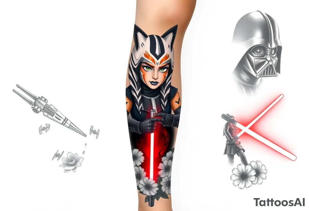 Leg sleeve with

•	Ahsoka Tano front and center
	•	Captain Rex below her
	•	TIE Fighters in motion
	•	Darth Vader looming in the background
	•	Subtle use of red/orange lighting and Clone Wars-era visuals
	•	Some floral framing around the lower leg

To complete or expand this sleeve with Ahsoka vs. Vader, I can generate mockups that incorporate:
	•	A lightsaber duel between Ahsoka and Vader (from Star Wars Rebels, Season 2 finale)
	•	Dramatic red and blue lighting to contrast their sabers
	•	A split-helmet Vader scene to symbolize the emotional conflict
	•	More depth on the thigh if you want to blend the duel into the existing tattoo tattoo idea