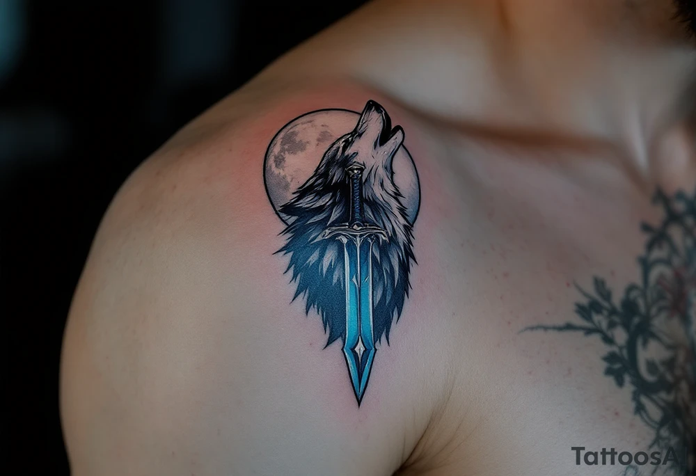 Wolf and Dagger – A dagger with a howling wolf wrapped around the hilt, the wolf in gray with black shading and the dagger in steel blue with silver highlights. The moon behind the wolf is in white with subtle gray shading. tattoo idea