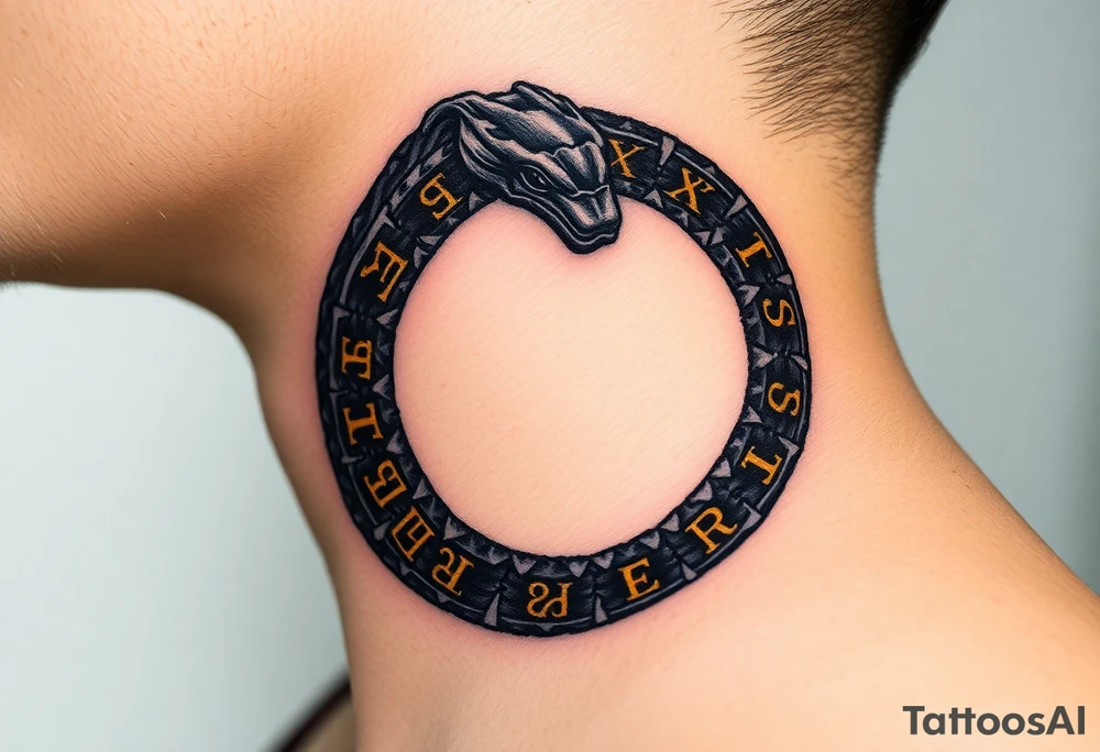 An obsidian black Ouroboros snake forming cyrcle with golden runes carved into its scales, creating a mystical, ancient feel. tattoo idea