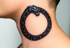 An obsidian black Ouroboros snake forming cyrcle with golden runes carved into its scales, creating a mystical, ancient feel. tattoo idea