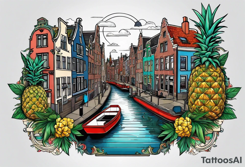 animals and pineapples feauturing Amsterdam houses and canal with marijuana tattoo idea