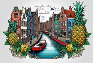 animals and pineapples feauturing Amsterdam houses and canal with marijuana tattoo idea