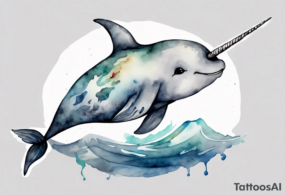a watercolor painting of a narwhal in a grey sea tattoo idea