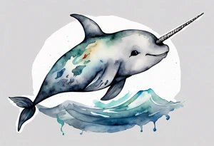a watercolor painting of a narwhal in a grey sea tattoo idea
