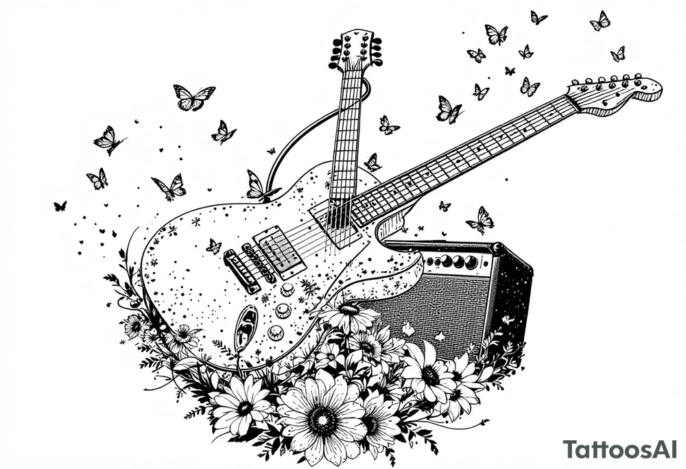 An electric guitar plugged into an amp with butterflies flying around it in memory of tattoo tattoo idea