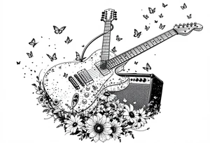 An electric guitar plugged into an amp with butterflies flying around it in memory of tattoo tattoo idea