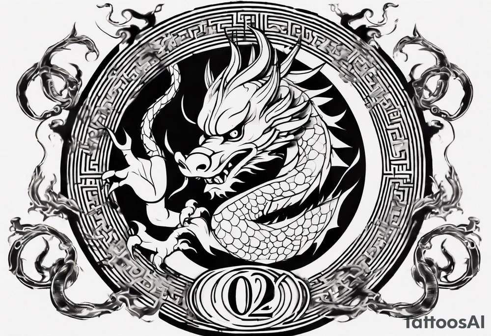 Chinese dragon in a circular shape with "02.03" written on its skin tattoo idea