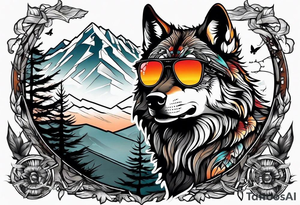Badass wolf wearing sunglasses
Dark woods
Mountains
Sunset tattoo idea