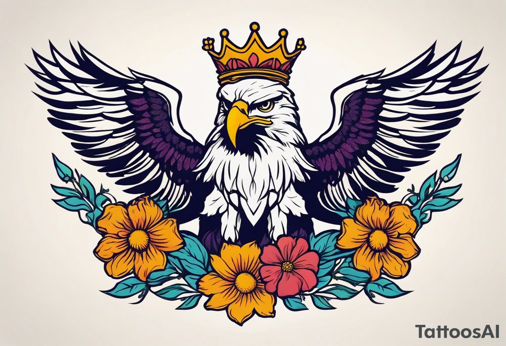 eagle with wings crown on head simple bold colors old school traditional vintage
surrounded by flowers tattoo idea