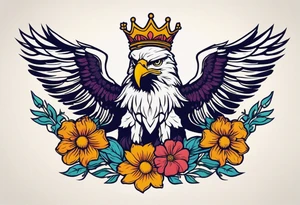 eagle with wings crown on head simple bold colors old school traditional vintage
surrounded by flowers tattoo idea