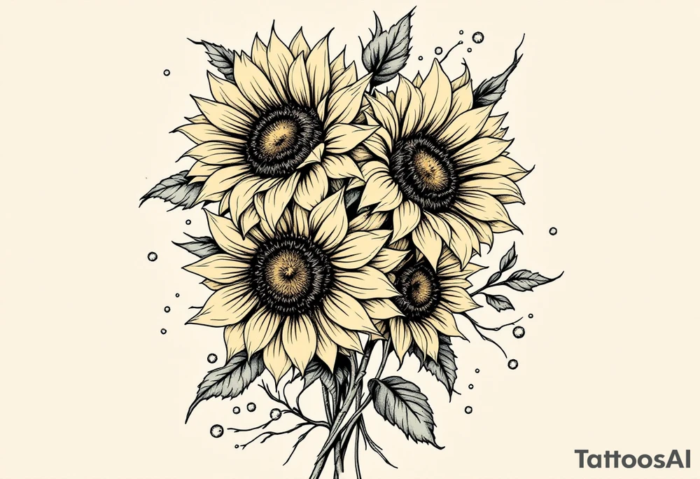 vintage bouquet of sunflowers with morning dew tattoo idea