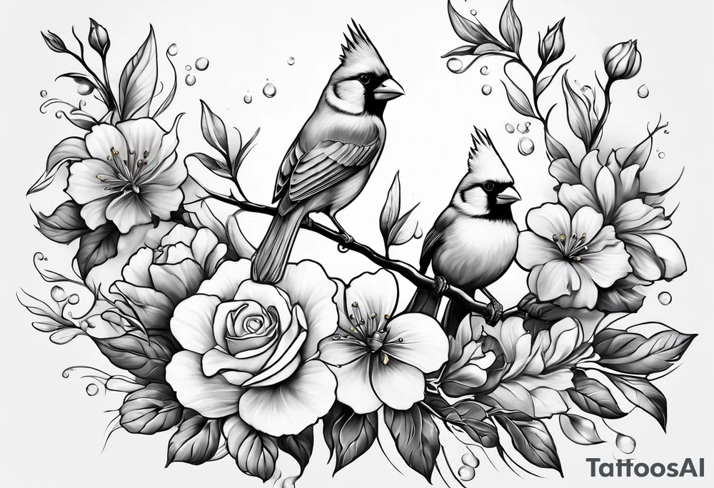 Half sleeve with flowers, cardinal, 2 birds, hiraeth, water tattoo idea