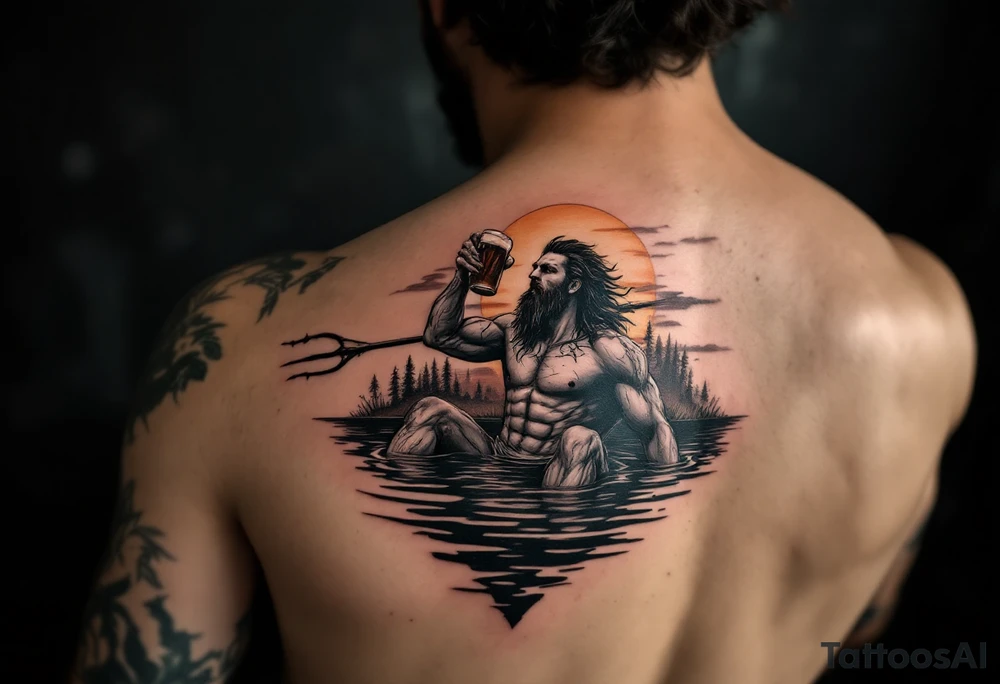 young, drunk, fit poseidon in calm water, holding a trident, drinking a beer, with sunset tattoo idea