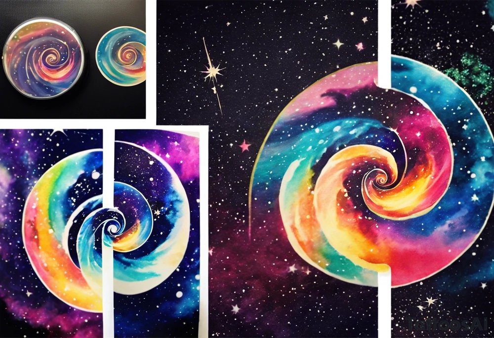 I want a spiral nebula space galaxy tattoo that's colorful and bright and cute and is nice to look at I don't want a traditional circle I want it like the ones thay look like an s shape and this tattoo will be on my left buttcheek and light colors I want more spread and less circle tattoo idea