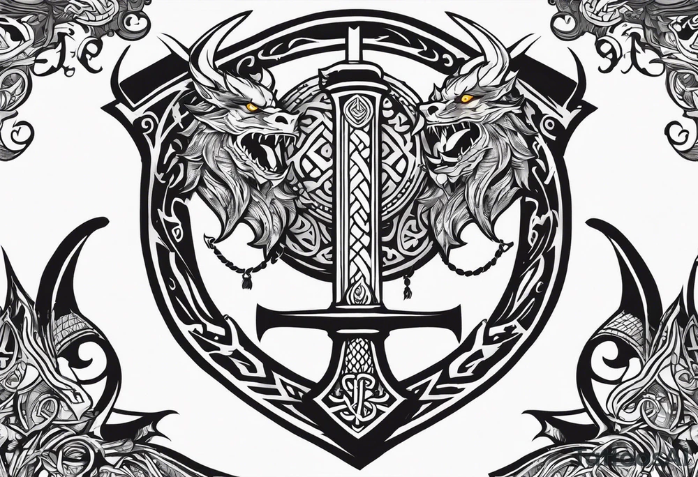 Valhalla sword shield dragon axe viking church tattoo idea