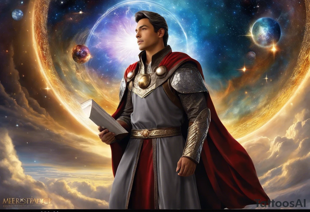 Jehovah looking out at the marvels of his creation from the atoms to the galaxy and celestial beings. With grey wash and a fantasy theme. Jehovah has to be a character who is so majestic, charismatic, immensely powerful. There isnt a single thing he isnt capable of doing. Infinitely powerful forward facing. Without the pagan styled attire and without the pagan symbols etcetera, shirtless, large muscular athletic physique, deep muscle definition tattoo idea