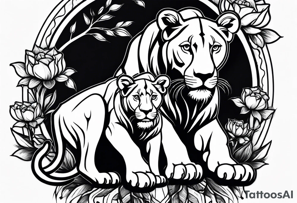 Lioness on her hind legs
 protecting her two cubs tattoo idea