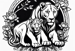 Lioness on her hind legs
 protecting her two cubs tattoo idea