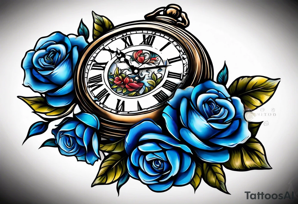 Pocket clock with blue roses tattoo idea