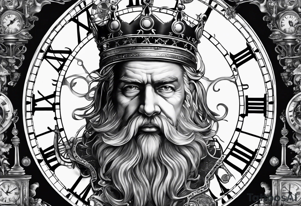 a mad scientist with a crown made out of clocks tattoo idea