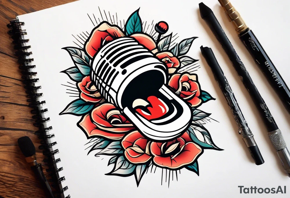 traditional vintage tattoo of mouth singing in microphone simple tattoo idea