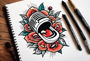 traditional vintage tattoo of mouth singing in microphone simple tattoo idea