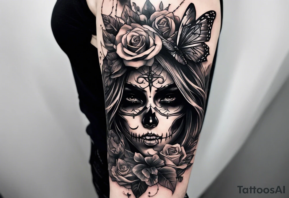 A sleeve tattoo whose elements seem to be connected into one story. Elements on the tattoo: a skull with a rose sticking out of the eye, plants, a girl’s face turning into roots, a destroyed old chain, a broken sword, a butterfly and you can add some connecting elements tattoo idea