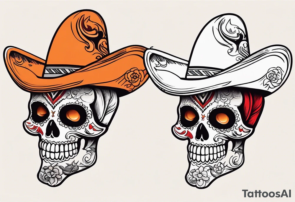 Mexican skull with sombrero with smoke coming out of the bottom orange and red tattoo idea