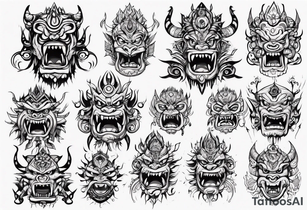 Not that angry Hindu monster with connecting lines going out of it tattoo idea