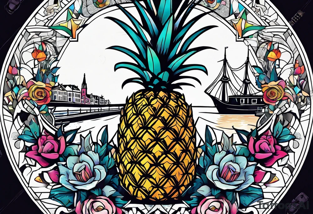 Animals and pineapples featuring animals and pineapples in galaxy colours featuring glass in Amsterdam buildings and canal tattoo idea