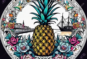 Animals and pineapples featuring animals and pineapples in galaxy colours featuring glass in Amsterdam buildings and canal tattoo idea