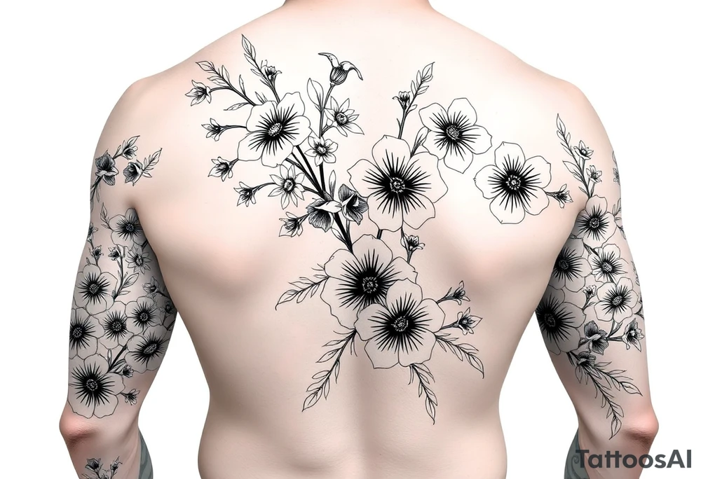 Full sleeve tattoo design of larkspur and hawthorn flowers, highly detailed line art, black ink, elegant botanical style, intertwined composition, no shading, no human mock-up, clean stencil style suitable for tattooing, fit fully within boundaries. LINE ART ONLY, REMOVE HUMAN, NO SKIN tattoo idea