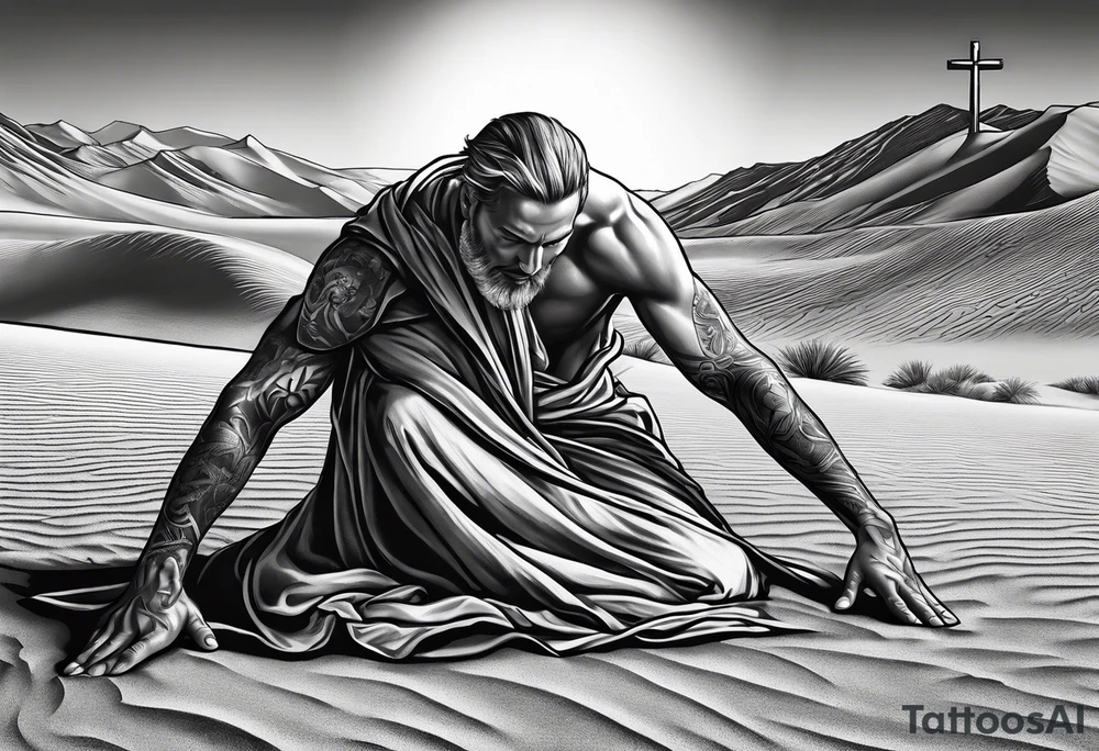 man crawling in a desert reaching to the cross of Christ tattoo idea