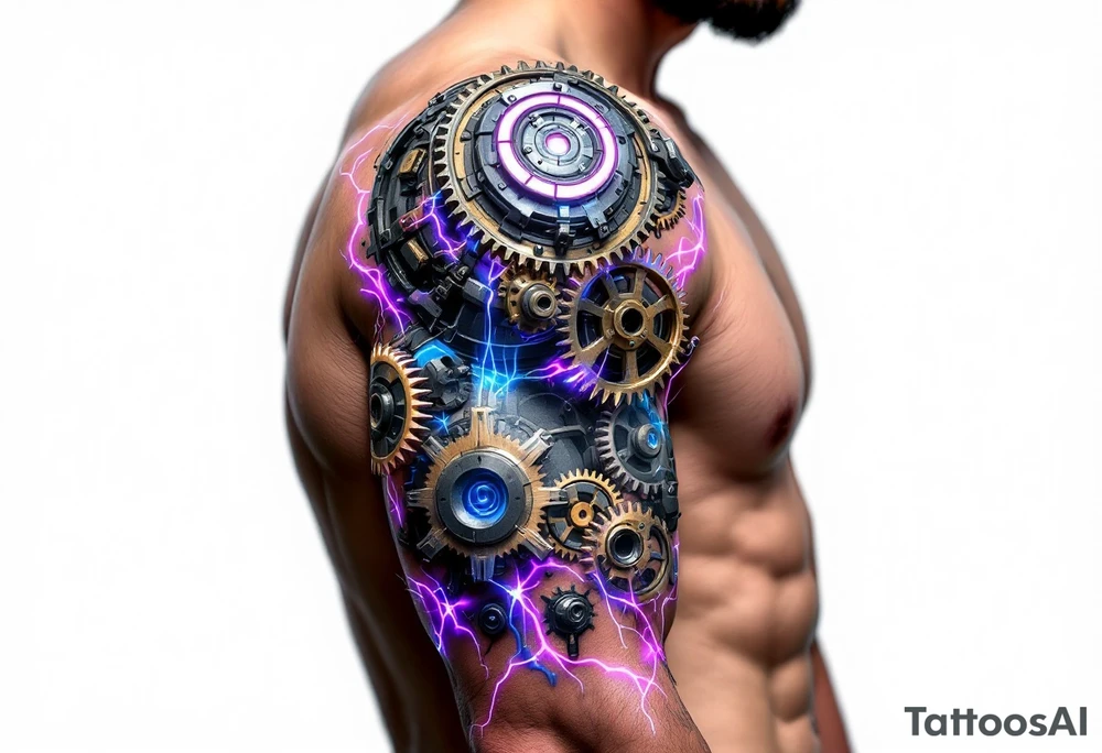 A biomechanical arm tattoo where gears spin under translucent synthetic skin lit with pink and cobalt blue veins. tattoo idea