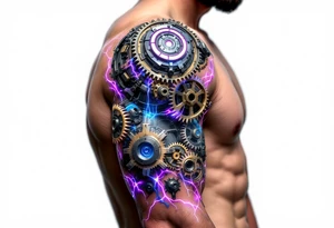 A biomechanical arm tattoo where gears spin under translucent synthetic skin lit with pink and cobalt blue veins. tattoo idea