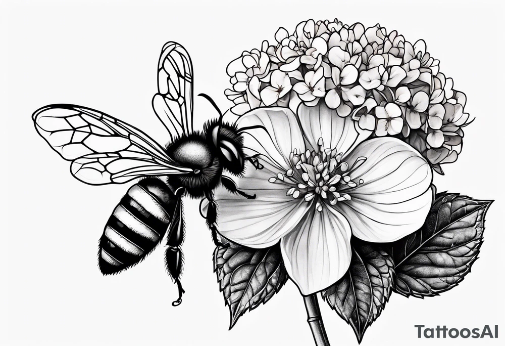 3 in by 2 in minimalist tattoo for forearm of a Hydrangea and bee tattoo idea