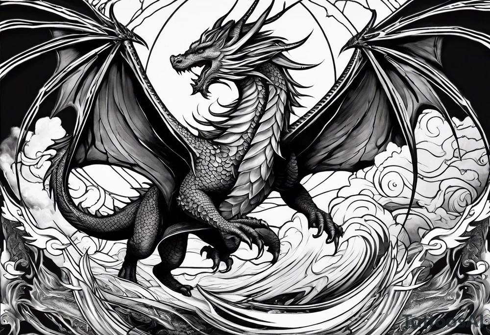 Dragon wings of the four elements(i.e. earth, fire, water, and wind) to be out on the back tattoo idea