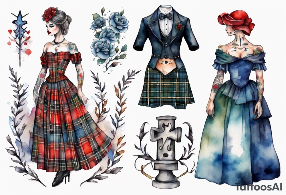 Watercolour mannequin with scottish dress tattoo idea
