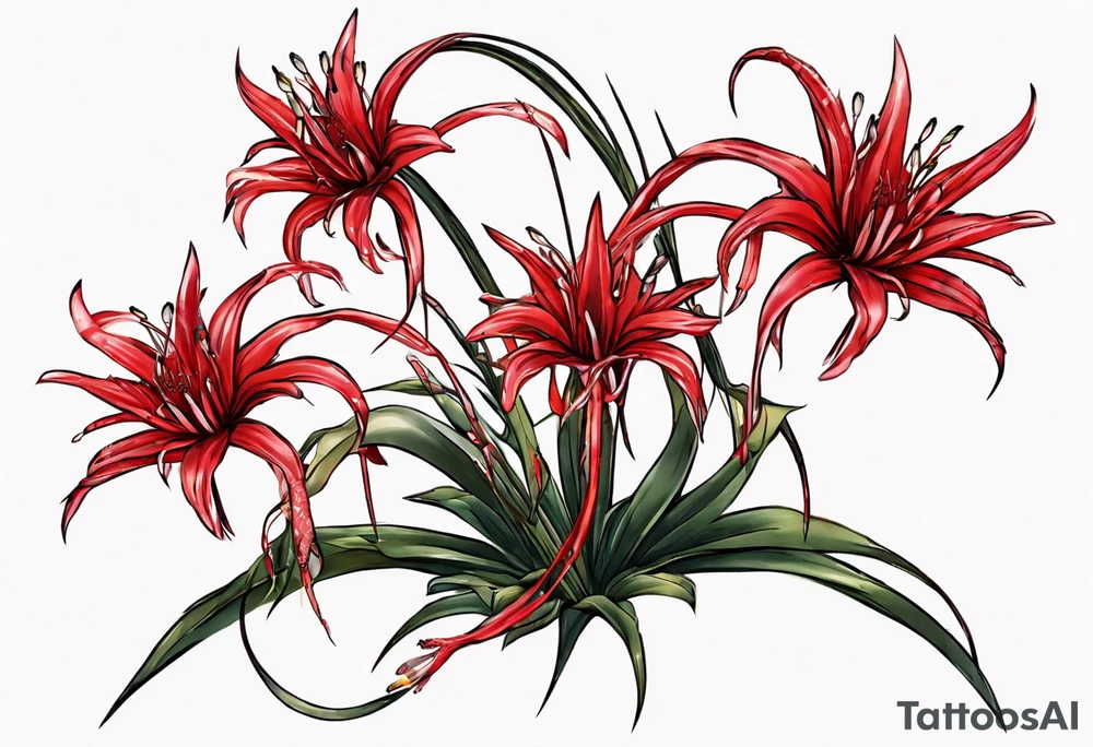 Red spiked spider lily a snake wrappes around the stem of the flower. tattoo idea