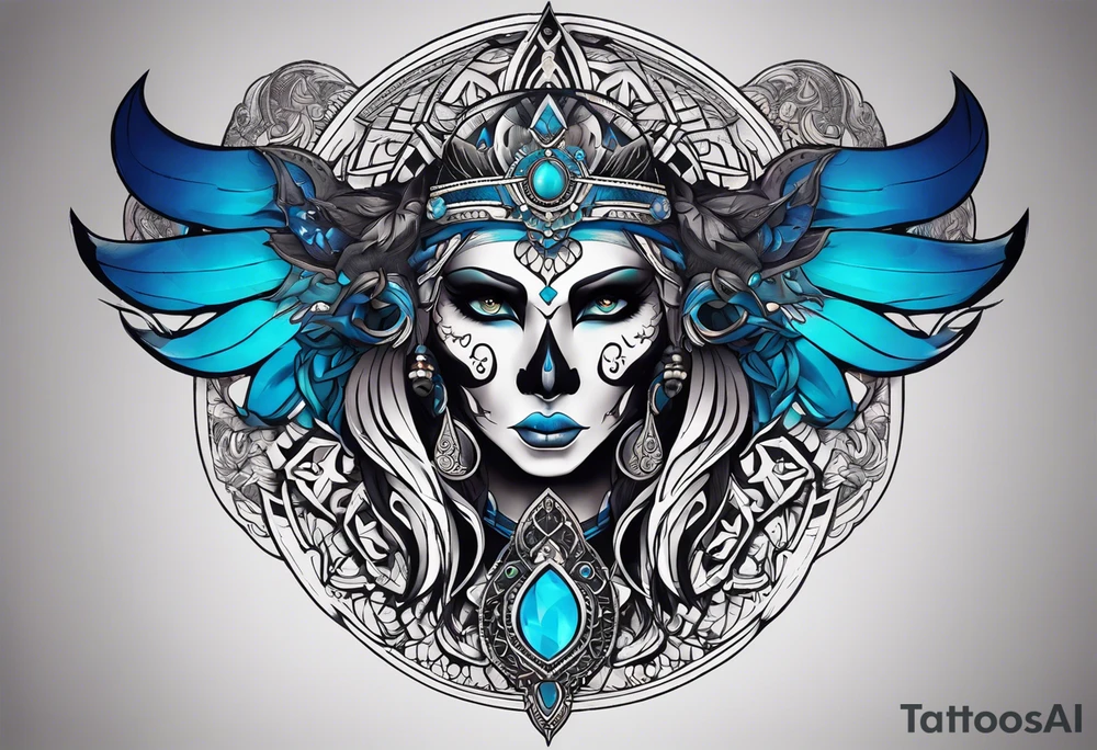 kali ma, alien goddess, valkrye, aries, cosmic pirate, divine feminine, zenza resonance, pachamama, lotus azul, blank panther, eagle, skull, 5D, nueva gaya, dna 12, left side chest tatoo tattoo idea