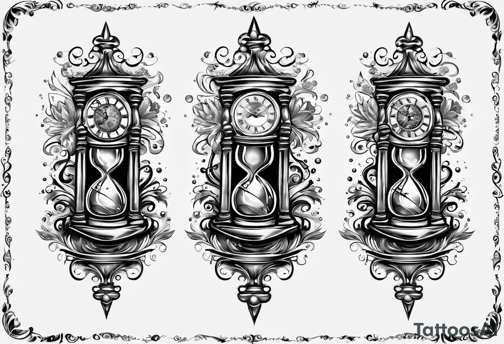 Mix an hourglass with a nautical clock with the addition of planets, galaxies and flower spikes to give a design to print on a t-shirt, the design should be in one color in the form of a tattoo and all the shapes should be mixed to give one shape,
tattoo for all arms tattoo idea