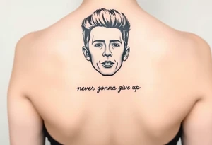 Young Rick Astley Face with Never Gonna Give You Up text tattoo idea