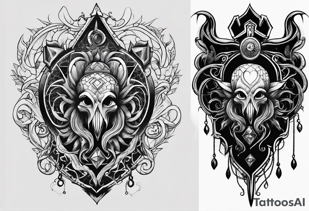 Lovecraftian creature. Protecting heart. Long tattoo for sleeve. Vertical. tattoo idea
