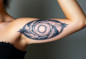 A photorealistic galaxy themed tattoo, bordered with a oval shaped frame full upper arm tattoo idea