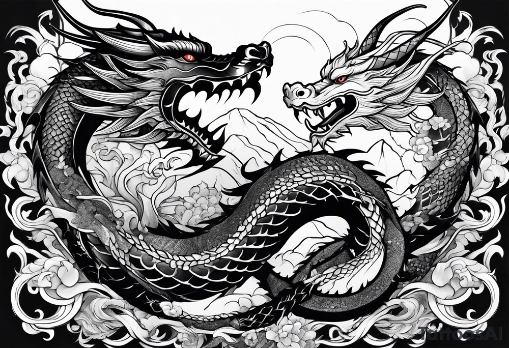 white and black dragon intertwined around the yinyan and with each other tattoo idea