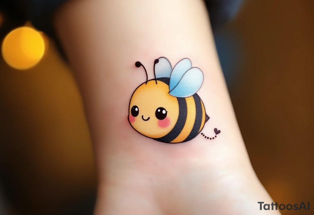 A cute bee tattoo with a plump, round yellow-and-black striped body, tiny white wings with a soft blue shimmer, big glossy black eyes, blushing pink cheeks, and a tiny dotted flight trail curling playfully behind it. tattoo idea