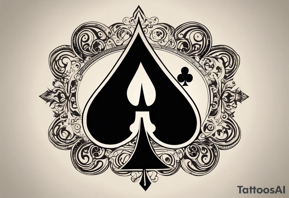 This image shows a design resembling the spade symbol (Ace of Spades) from a deck of playing cards. In the center, there is a musical note-like symbol that resembles a combination of the lowercase German letter "ß" (Eszett) and a simplified musical note. The overall design is simple and artistic, possibly representing music, art, or a related theme. tattoo idea