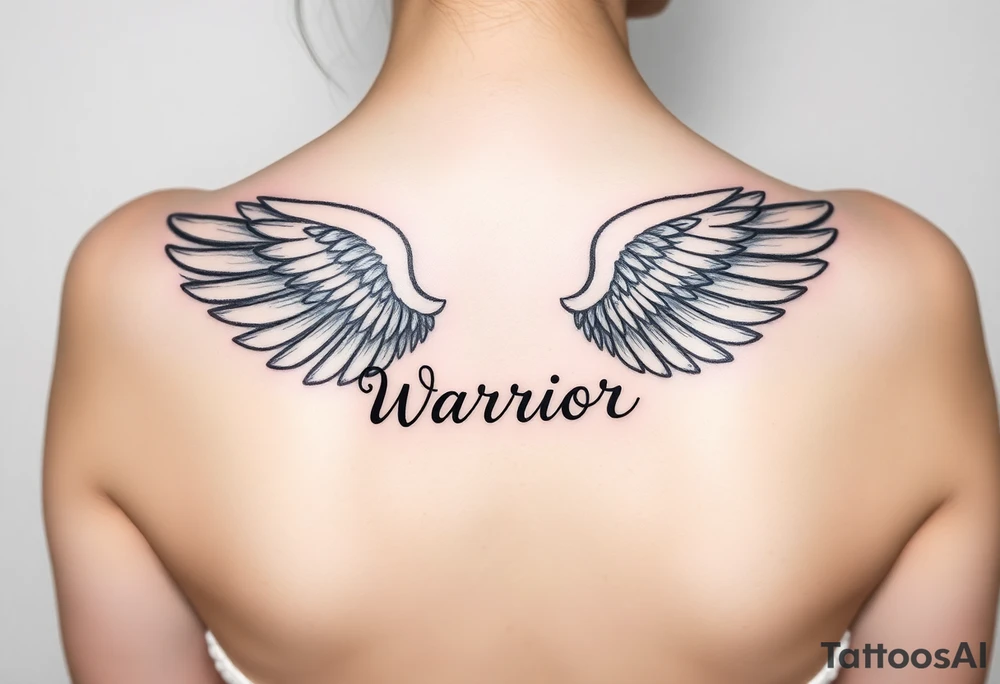 beautiful single angel wing with word "Warrior" tattoo idea